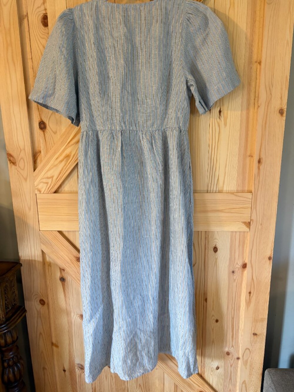 Madewell Blue Striped Linen Midi Dress Size Small Button Front Short Sleeve - Picture 4 of 7